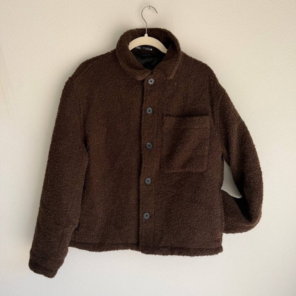 ZARA Wool Blend Teddy Jacket Brown Button Up Coat Size M